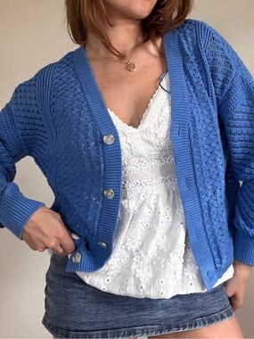 Sonoma Sky Blue Open-Knit Cardigan with Pearl Buttons